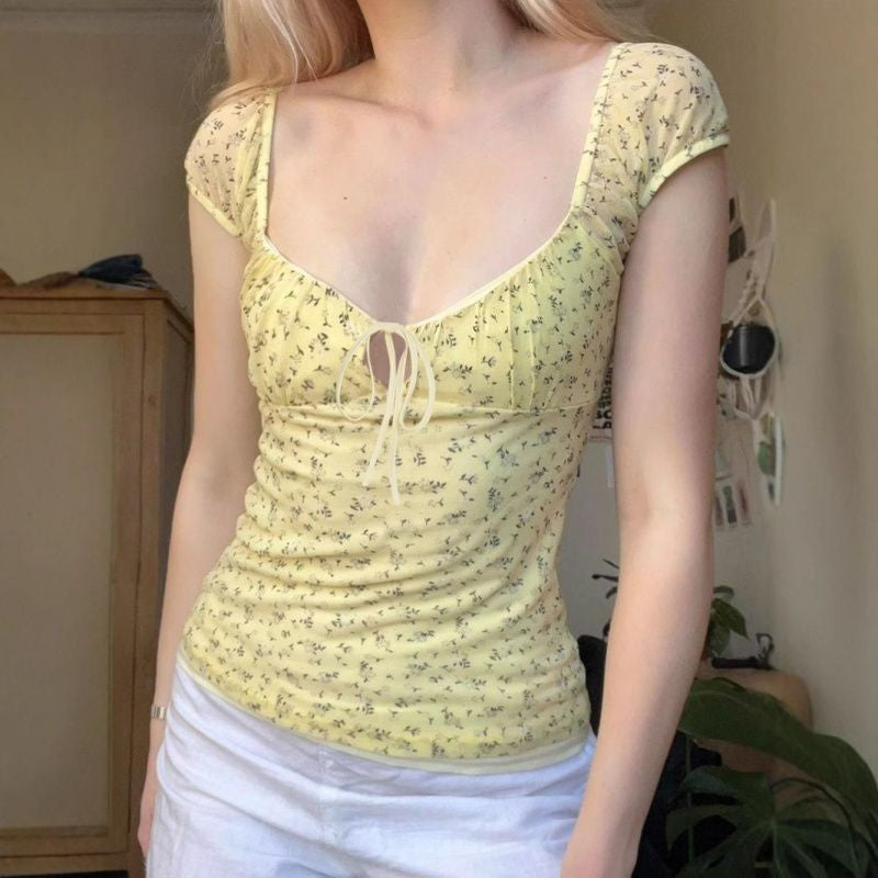 Aurea Yellow Floral Mesh Tee
